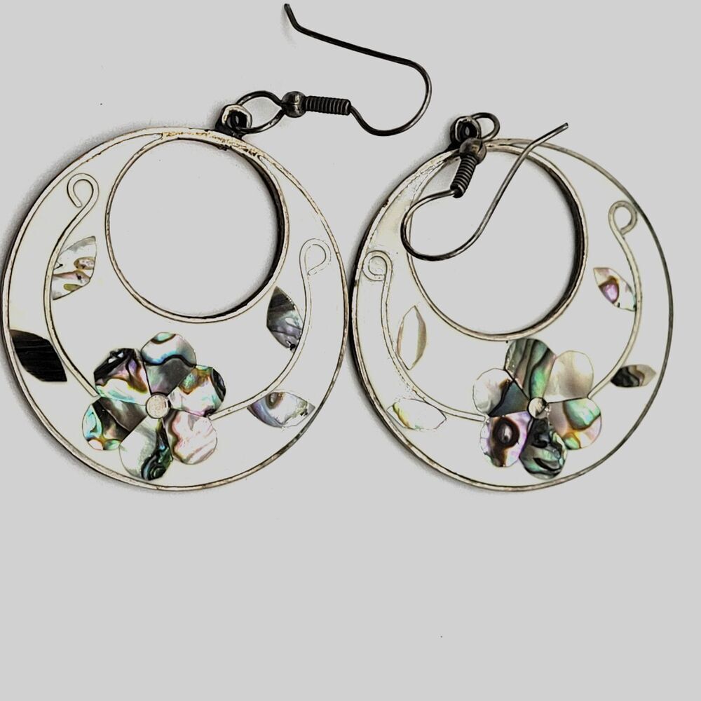 Alpaca Sterling Silver Abalone Inlay Hoop Earrings 2.5in Mother of Pearl